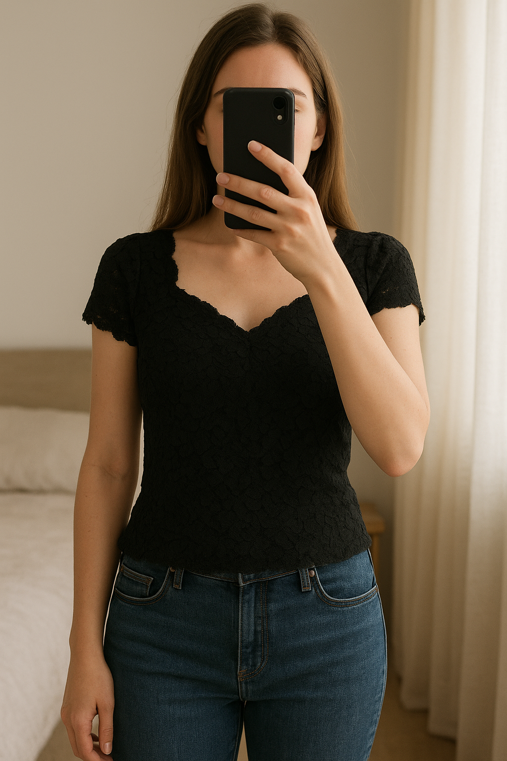 Nieuwe Feestelijke kanten blouse - Laura Ashley - maat 36 (valt groot) debout, face à la caméra, dans une chambre à la lumière douce, avec une lumière naturelle filtrant par la fenêtre.