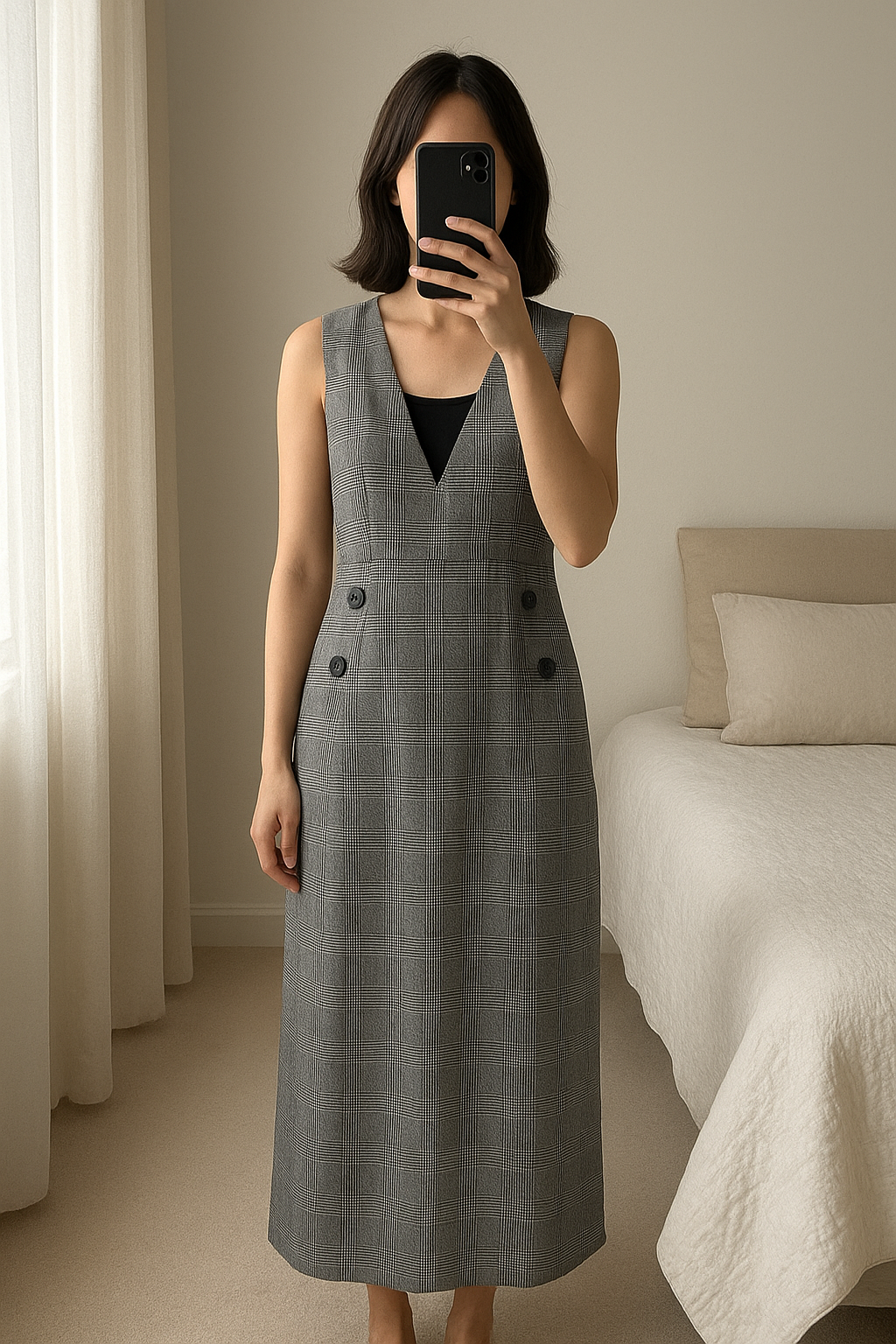 Miss Selfridge Grey Plaid Sleeveless Jumpsuit size 10 standing straight facing the camera, in a softly lit bedroom setting, with gentle natural light filtering through a window.