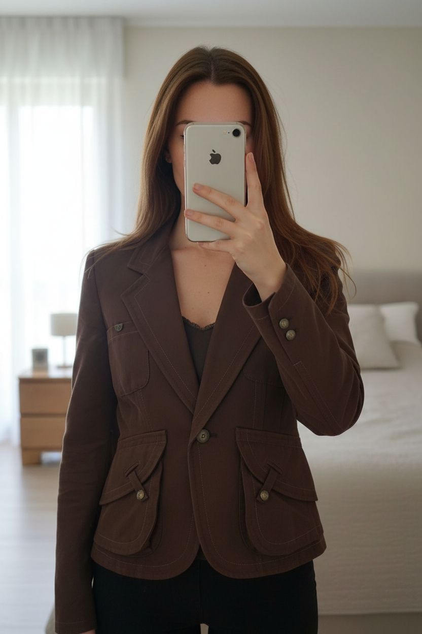 Vintage Roberto Cavalli blazer great condition debout, face à la caméra, dans une chambre à la lumière douce, avec une lumière naturelle filtrant par la fenêtre.