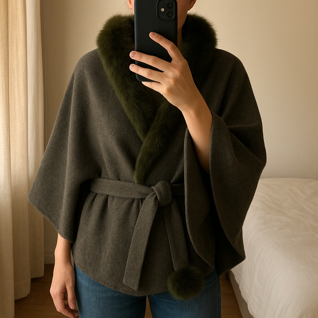 Jolie cape/ poncho d’hivers kaki neuf - t unique debout, face à la caméra, dans une chambre à la lumière douce, avec une lumière naturelle filtrant par la fenêtre.
