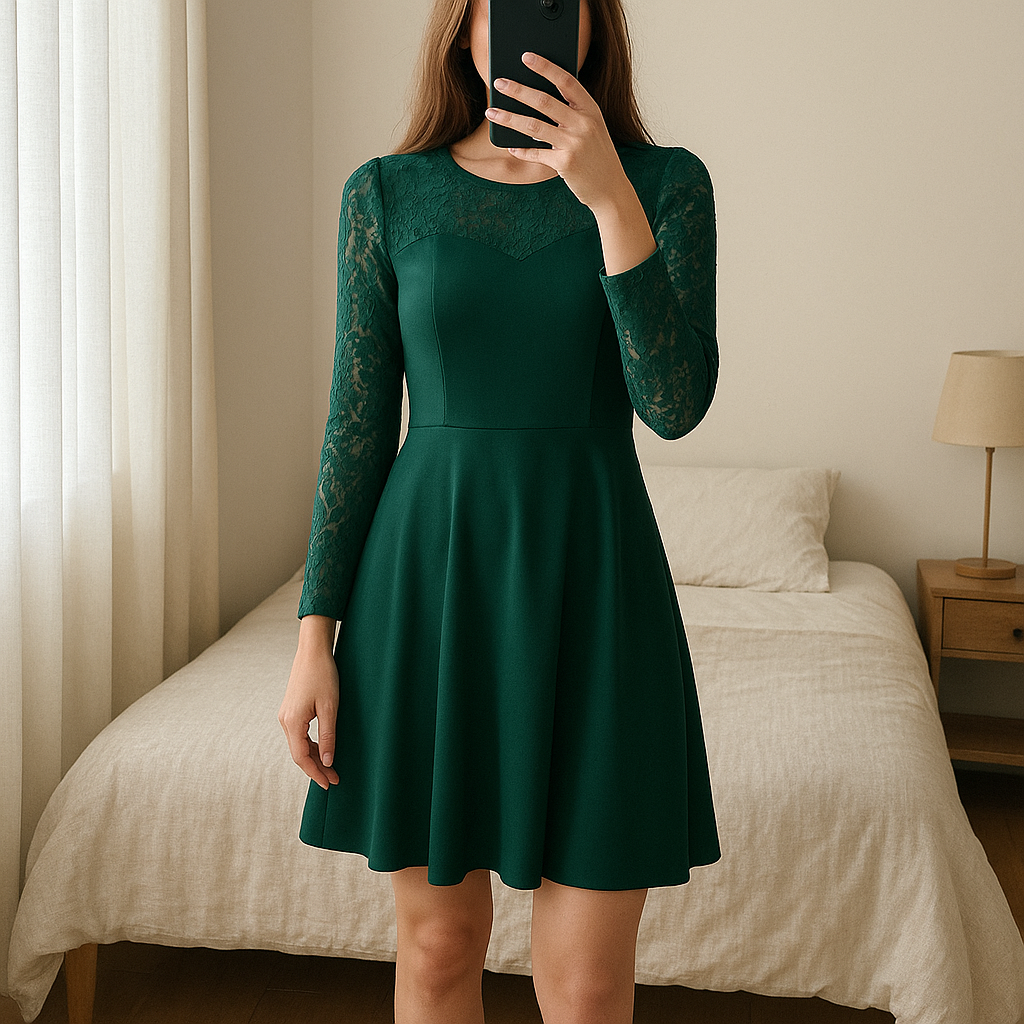 Robe dentelle Kate Kasin Taille S debout, face à la caméra, dans une chambre à la lumière douce, avec une lumière naturelle filtrant par la fenêtre.