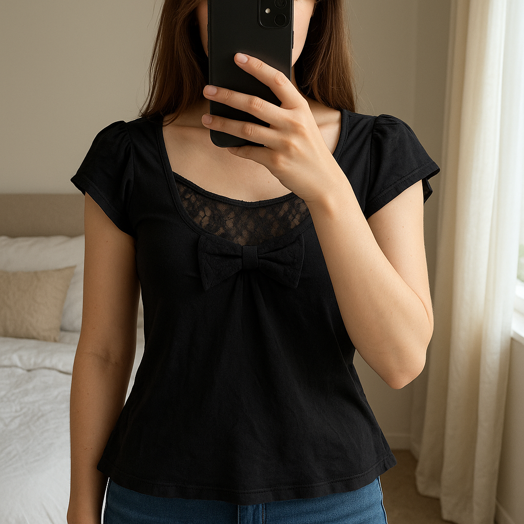 Top noir Jennyfer avec dentelle et nœud – Taille M debout, face à la caméra, dans une chambre à la lumière douce, avec une lumière naturelle filtrant par la fenêtre.