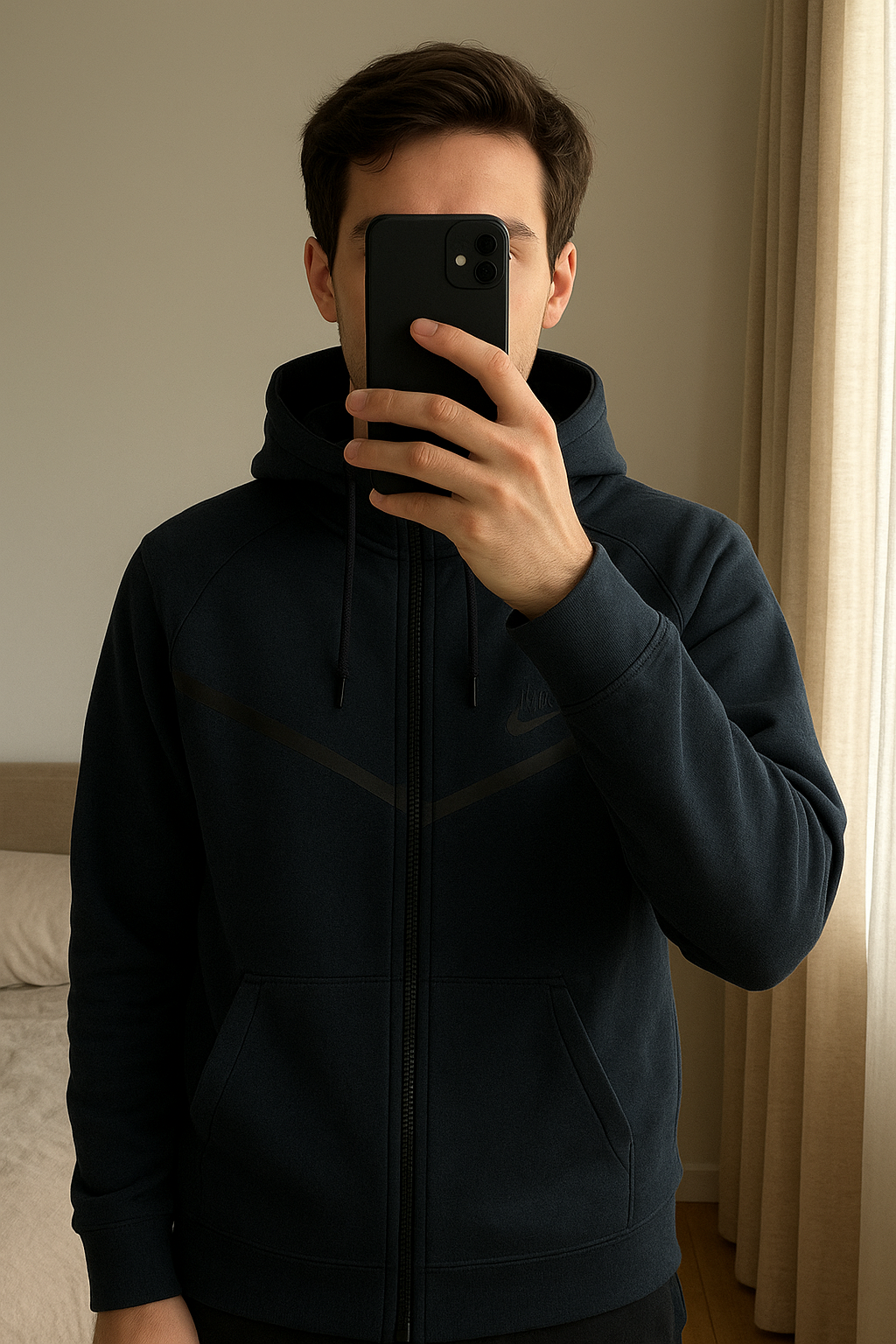 veste/zip noir nike tech debout, face à la caméra, dans une chambre à la lumière douce, avec une lumière naturelle filtrant par la fenêtre.