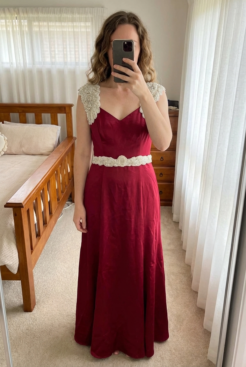 Robe de soirée robe de cocktail robe sans manches bordeaux Taille L très bon état debout, face à la caméra, dans une chambre à la lumière douce, avec une lumière naturelle filtrant par la fenêtre.