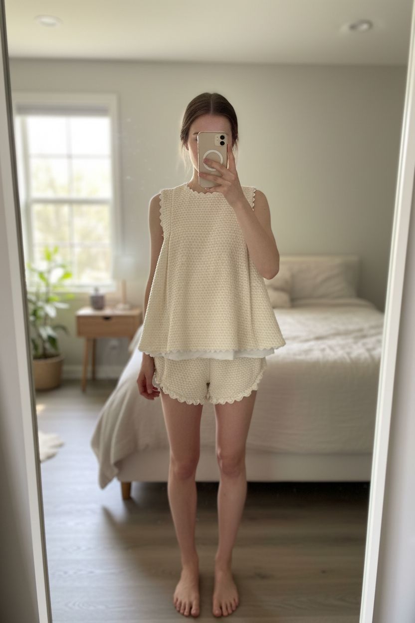 Vestido con braguita hecho a mano de pie, mirando a la cámara, en un dormitorio con luz suave y natural filtrándose por la ventana.