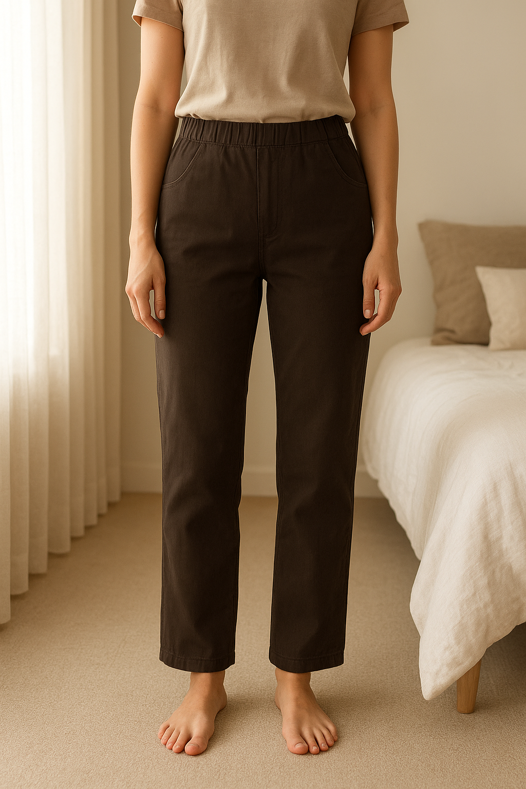 Pantalon femme debout, face à la caméra, dans une chambre à la lumière douce, avec une lumière naturelle filtrant par la fenêtre.