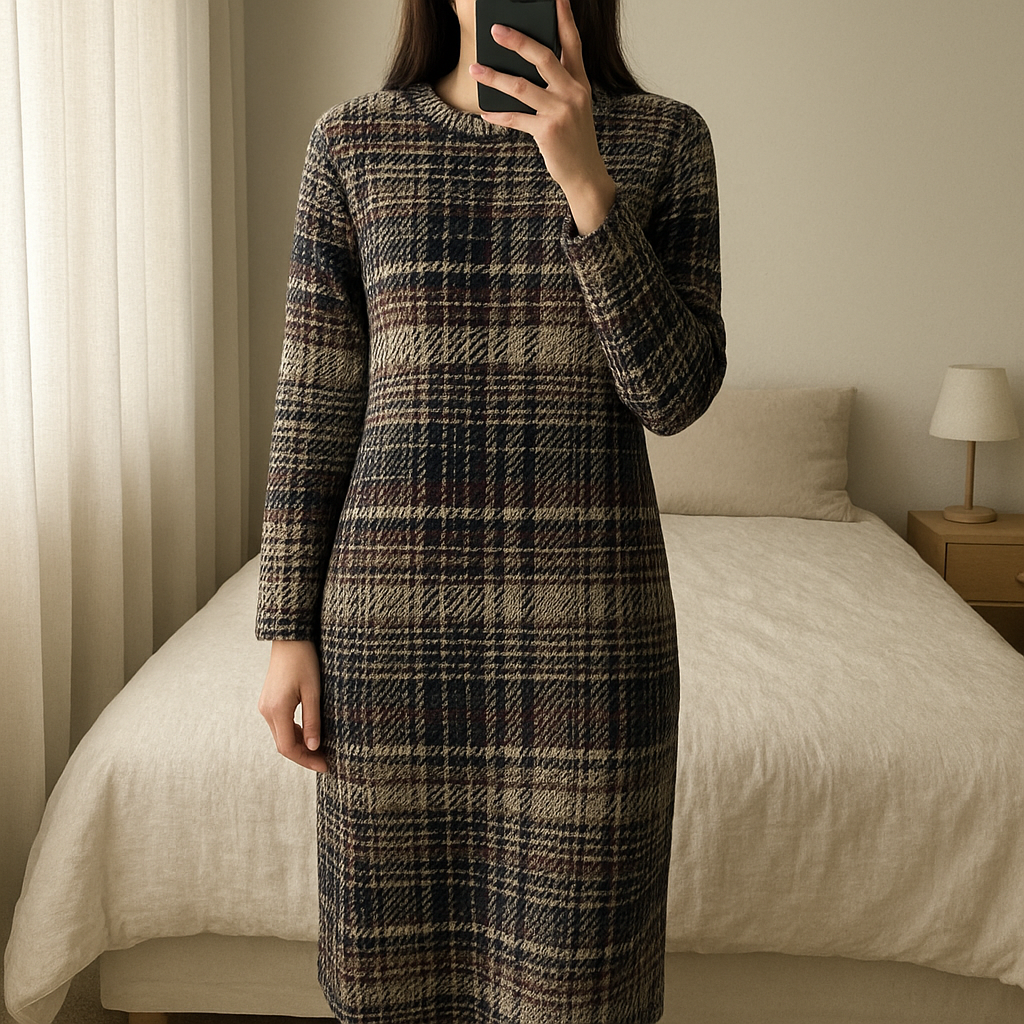 Zara Brown Check Stretch Knee Length Autumn Dress - Size Medium standing straight facing the camera, in a softly lit bedroom setting, with gentle natural light filtering through a window.