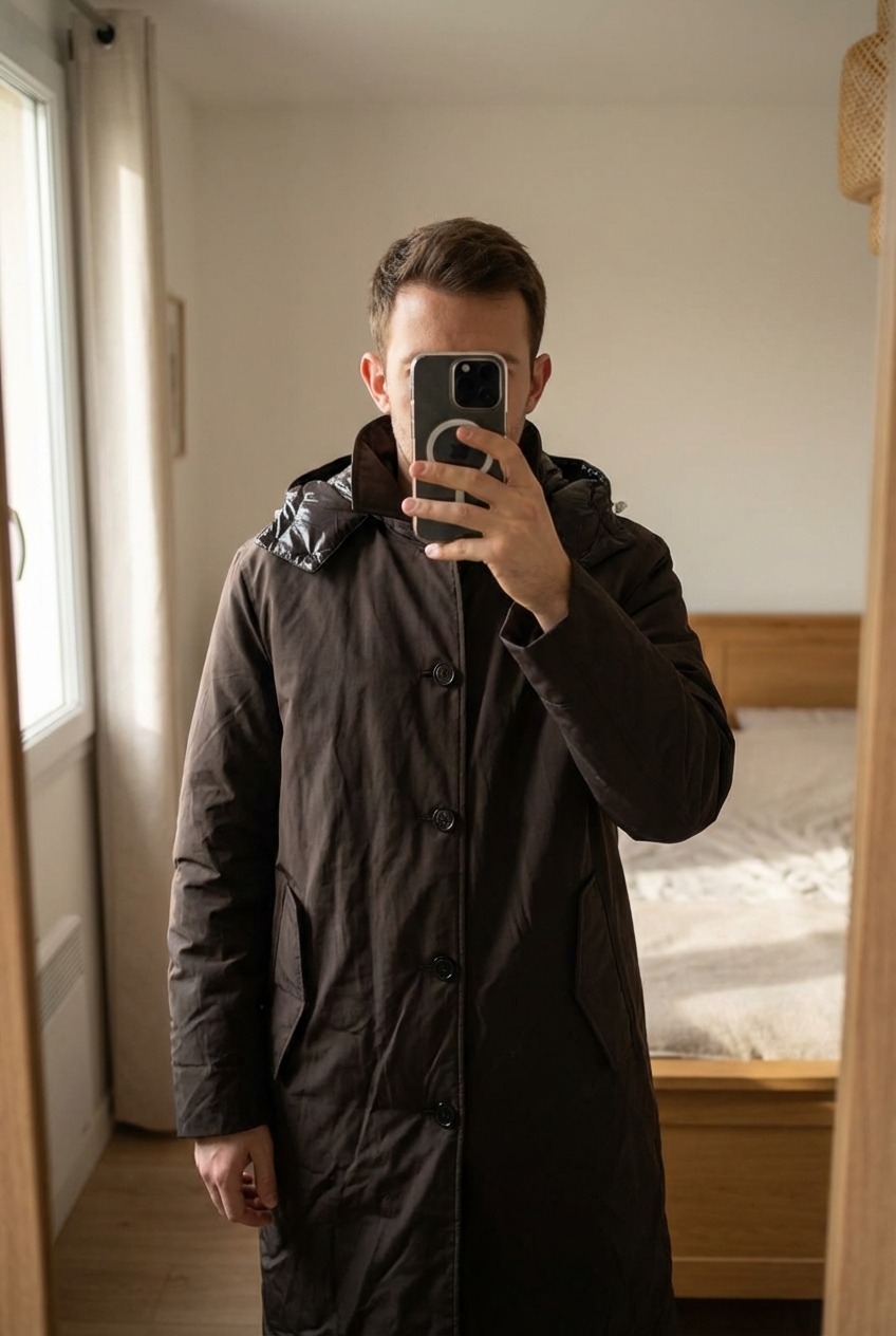 Manteau long Zara M marron – Doublure amovible & capuche imperméable debout, face à la caméra, dans une chambre à la lumière douce, avec une lumière naturelle filtrant par la fenêtre.