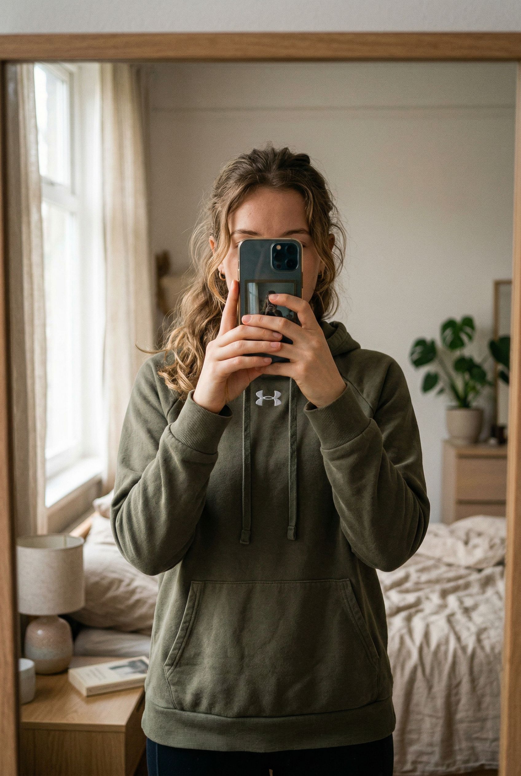 Under Armour trui groen - maat S-M standing straight facing the camera, in a softly lit bedroom setting, with gentle natural light filtering through a window.