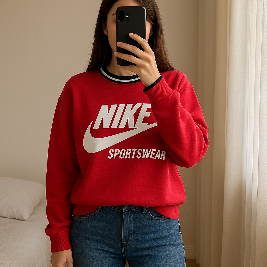 Maglia in piedi, rivolto verso la fotocamera, in una camera da letto con luce soffusa e luce naturale che filtra dalla finestra.