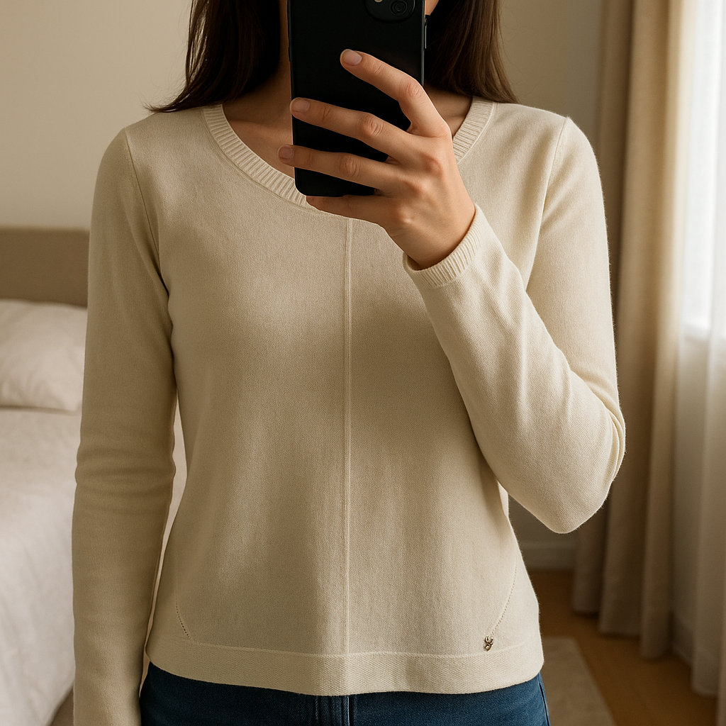 Wool blend supersoft sweater size 10/12 standing straight facing the camera, in a softly lit bedroom setting, with gentle natural light filtering through a window.