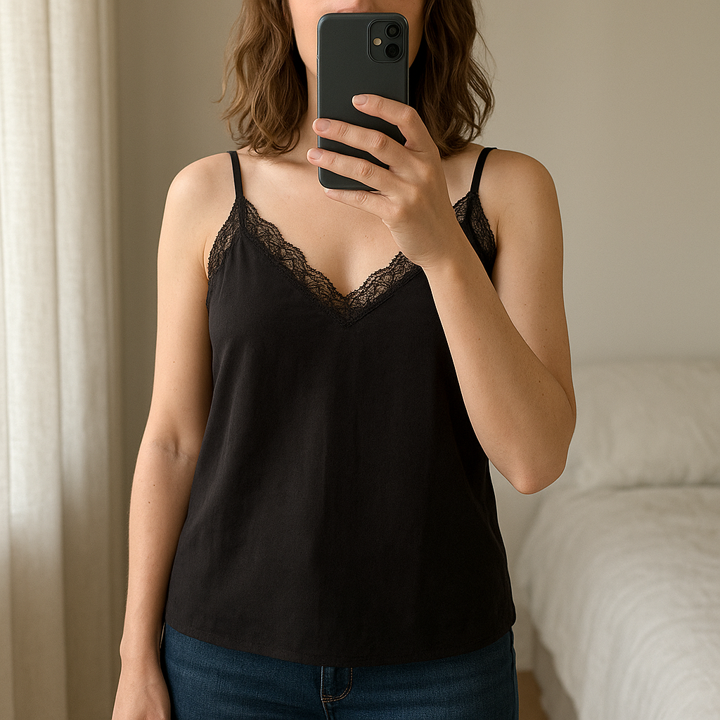 Débardeur noir avec dentelle debout, face à la caméra, dans une chambre à la lumière douce, avec une lumière naturelle filtrant par la fenêtre.