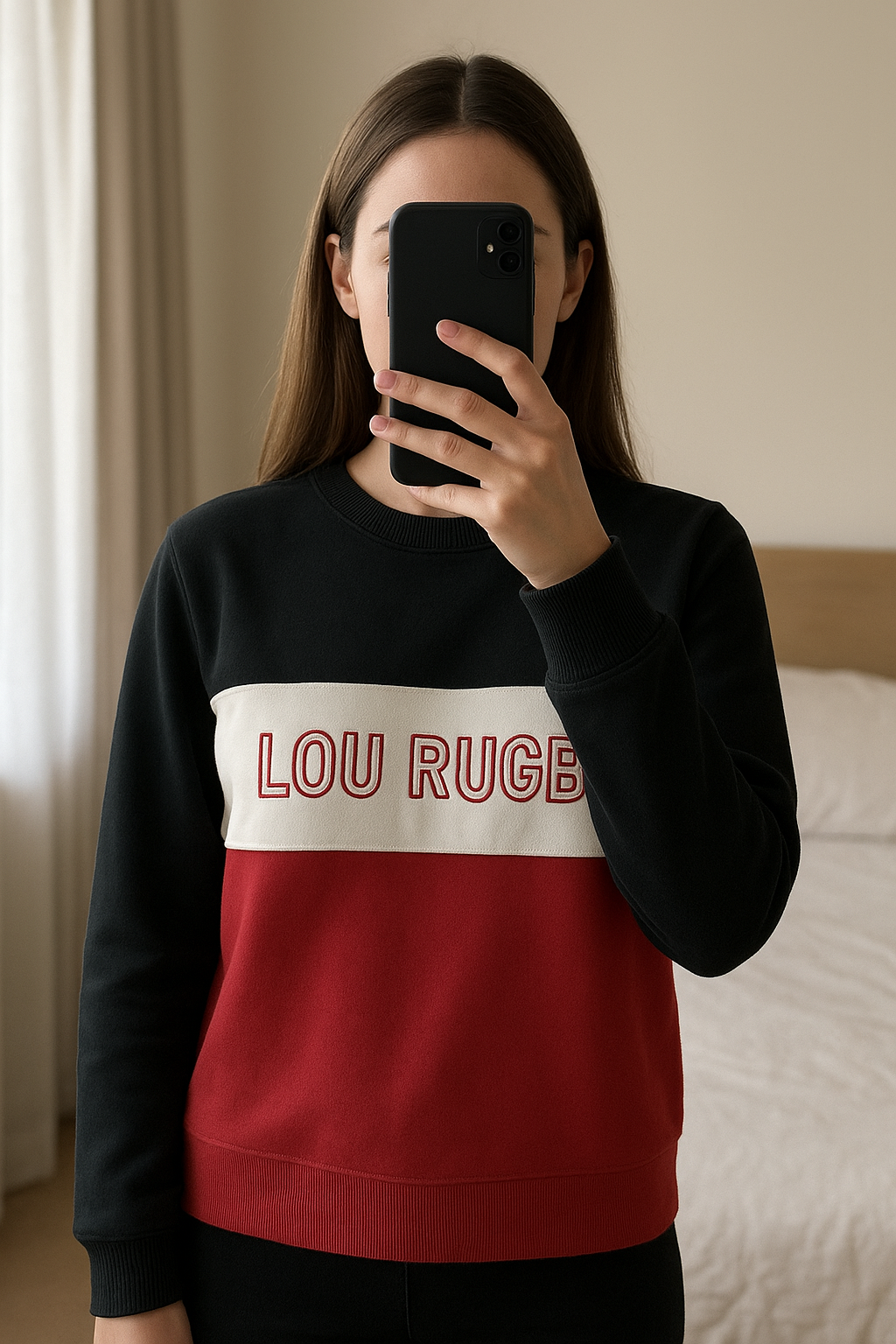 Sweat femme LOU rugby debout, face à la caméra, dans une chambre à la lumière douce, avec une lumière naturelle filtrant par la fenêtre.