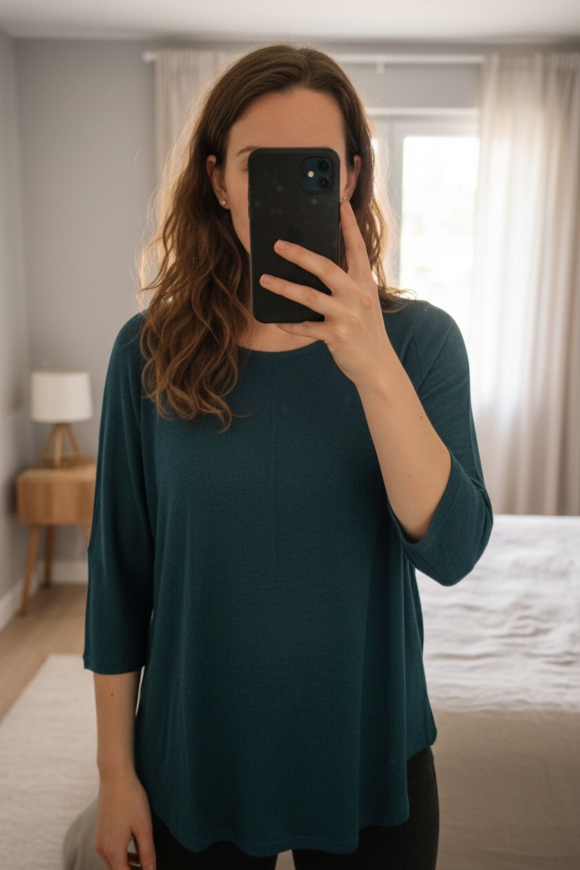 Une personne en Haut bleu canard debout, face à la caméra, avec une silhouette légèrement plus ronde, dans une chambre à la lumière douce, avec une lumière naturelle filtrant par la fenêtre.