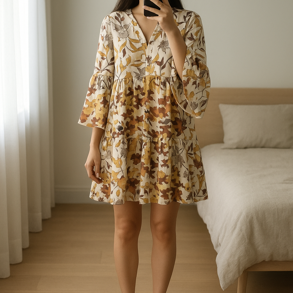 Robe 👗 debout, face à la caméra, dans une chambre à la lumière douce, avec une lumière naturelle filtrant par la fenêtre.