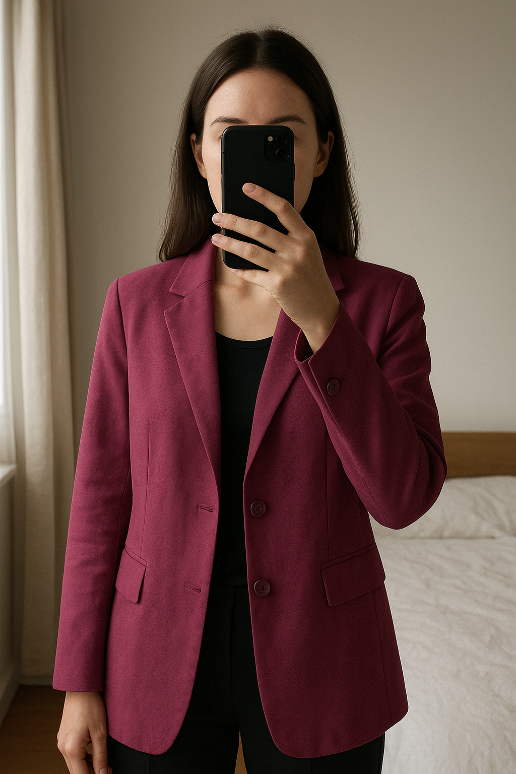 Veste blazer longue fuchsia/bordeaux Comptoir des Cotonniers – Taille 36 debout, face à la caméra, dans une chambre à la lumière douce, avec une lumière naturelle filtrant par la fenêtre.