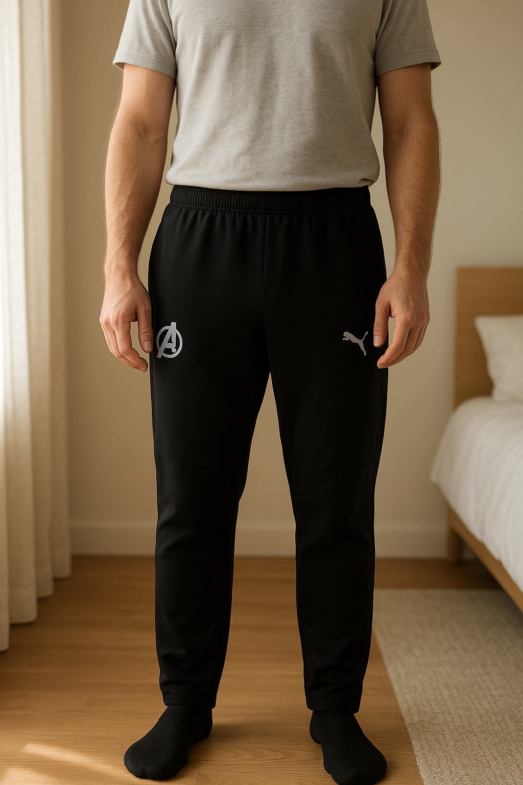 Jogging foot OM debout, face à la caméra, dans une chambre à la lumière douce, avec une lumière naturelle filtrant par la fenêtre.