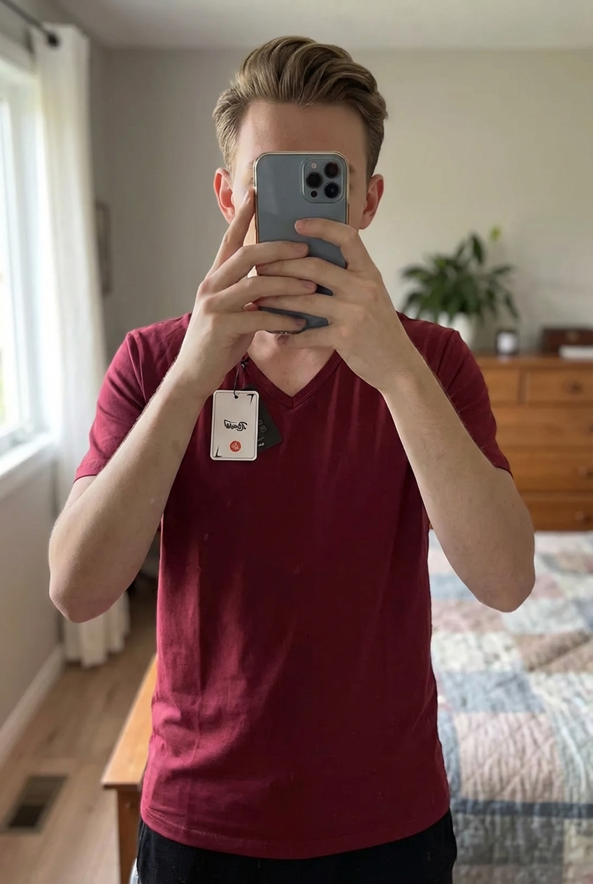 Tshirt Taille M neuf debout, face à la caméra, dans une chambre à la lumière douce, avec une lumière naturelle filtrant par la fenêtre.