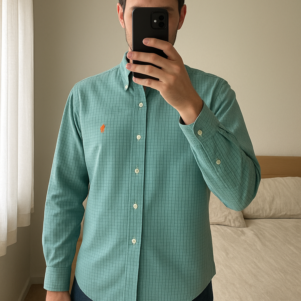 Chemise à carreaux 100% coton Polo Ralph Lauren Classic fit Vert S debout, face à la caméra, dans une chambre à la lumière douce, avec une lumière naturelle filtrant par la fenêtre.