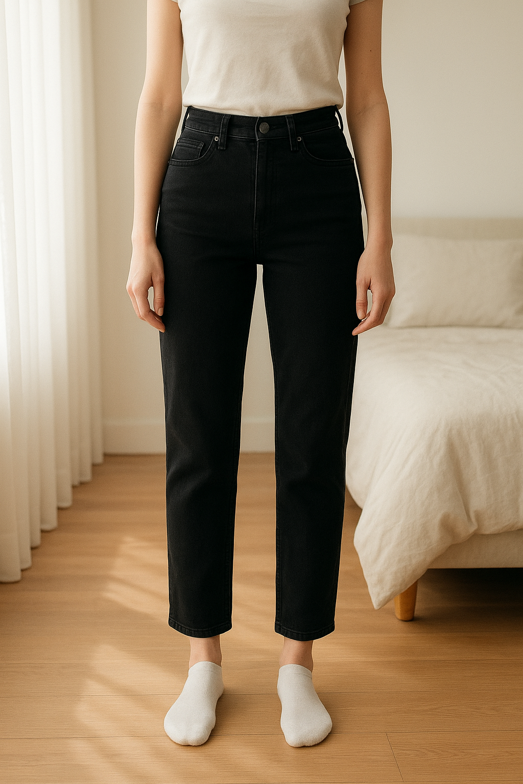 Pantalon Creeks neuf debout, face à la caméra, dans une chambre à la lumière douce, avec une lumière naturelle filtrant par la fenêtre.