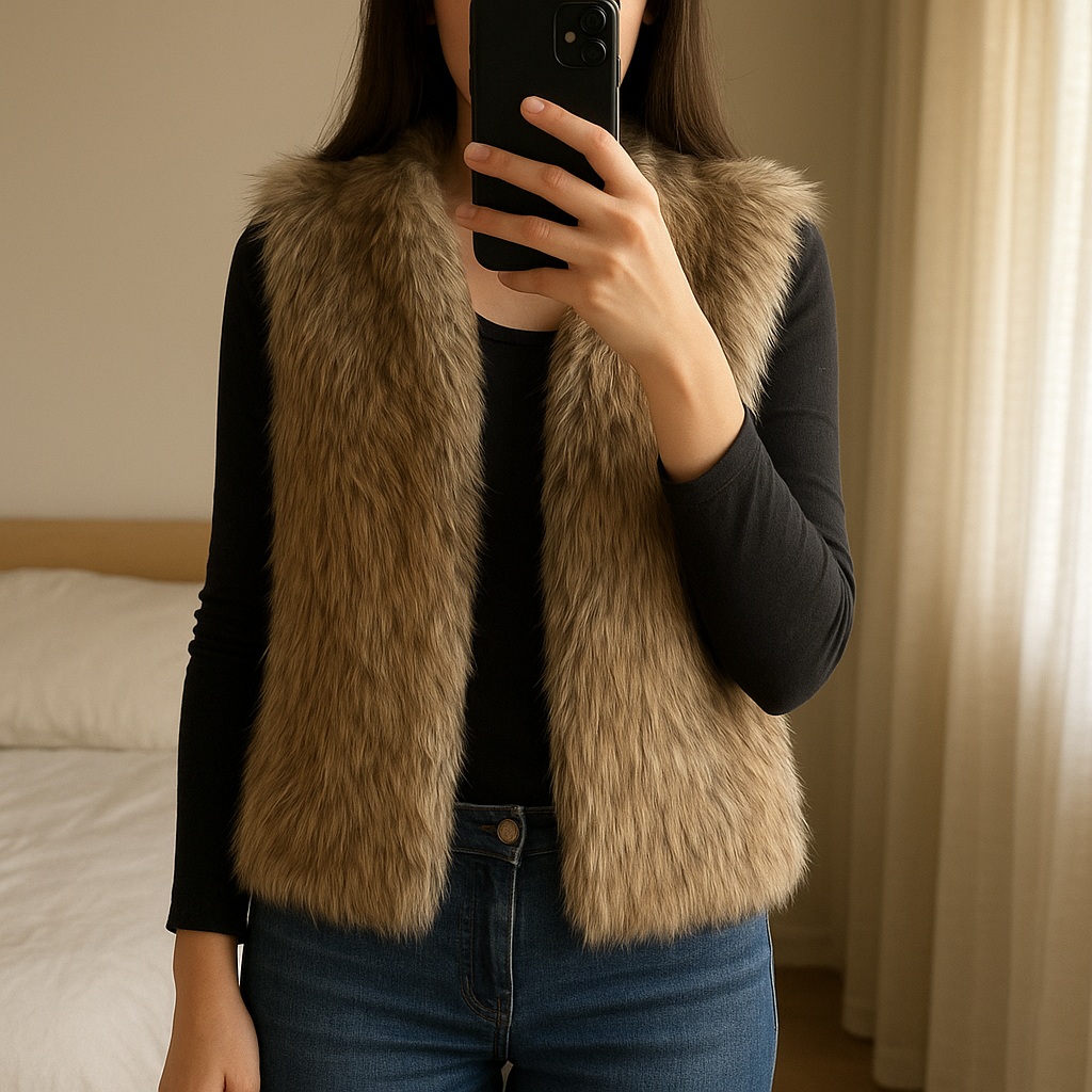 Veste fourrure sans manches Zara taille M très bonne état debout, face à la caméra, dans une chambre à la lumière douce, avec une lumière naturelle filtrant par la fenêtre.