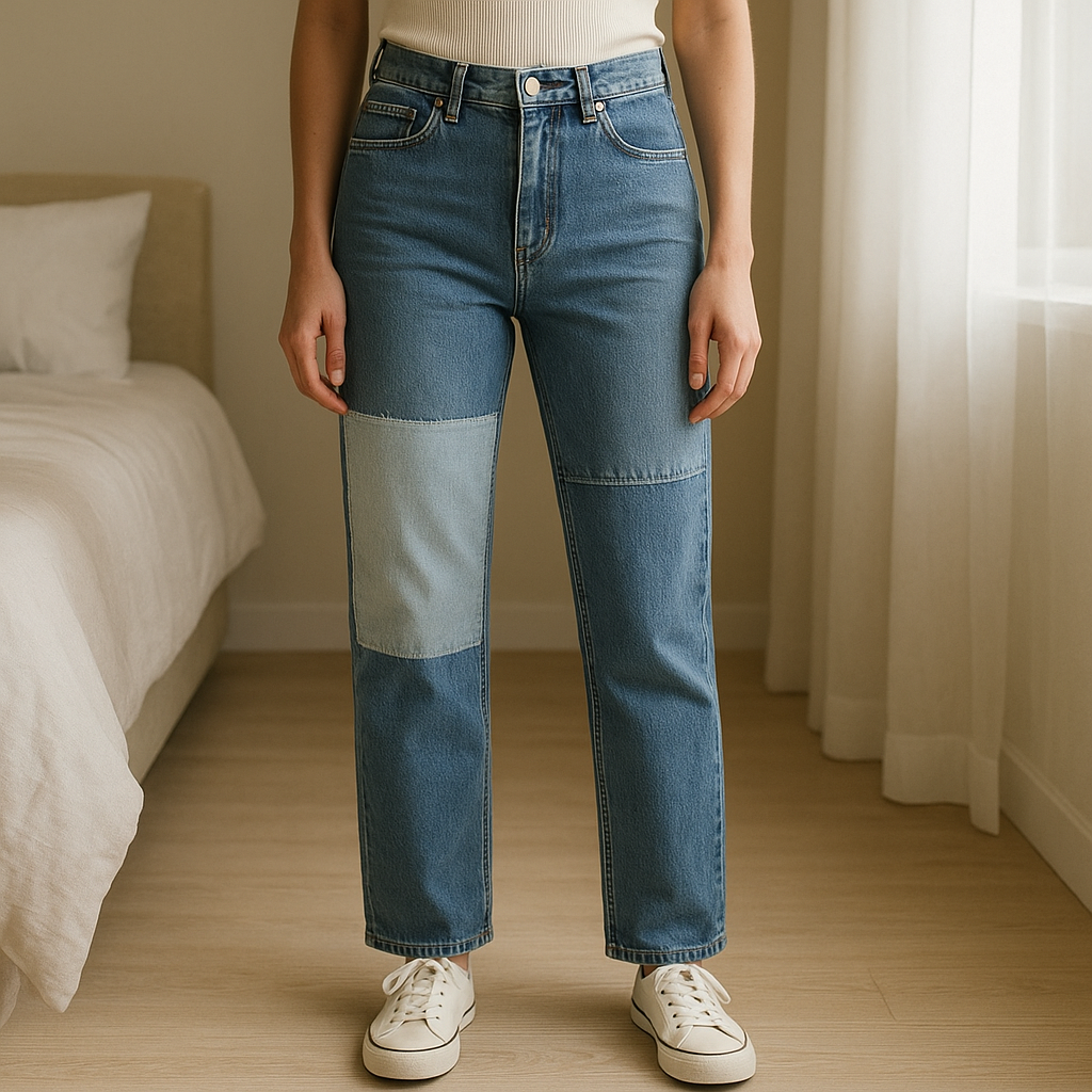 Jean bi-tons Pull & Bear // Taille 32 debout, face à la caméra, dans une chambre à la lumière douce, avec une lumière naturelle filtrant par la fenêtre.