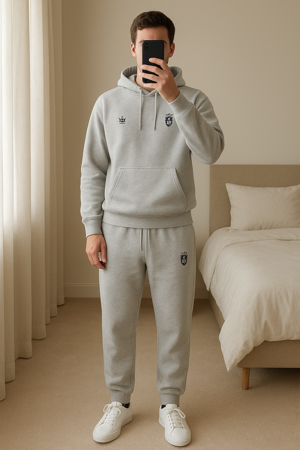 Ensemble jogging gris unisexe hoodie + pantalon streetwear oversize (style luxe) debout, face à la caméra, dans une chambre à la lumière douce, avec une lumière naturelle filtrant par la fenêtre.