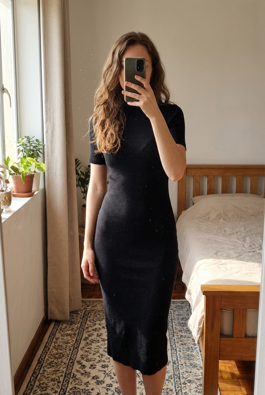 Vestido negro Pull&Bear Talla S de pie, mirando a la cámara, en un dormitorio con luz suave y natural filtrándose por la ventana.