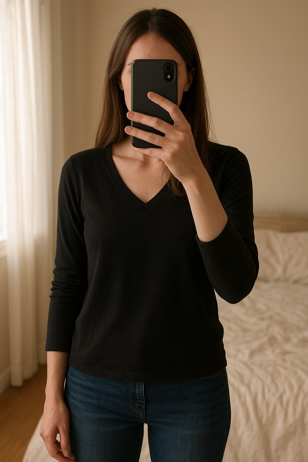 T-shirt manche longue debout, face à la caméra, dans une chambre à la lumière douce, avec une lumière naturelle filtrant par la fenêtre.