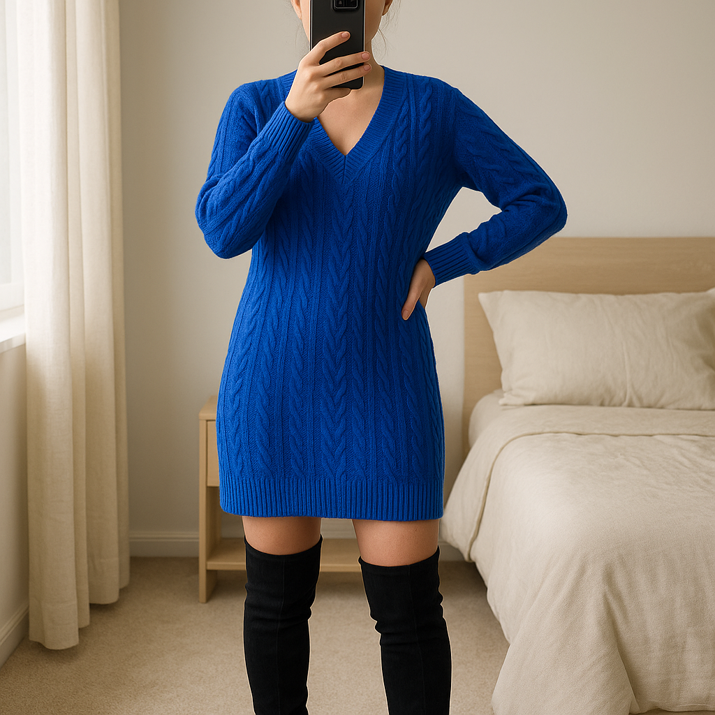 Long sweater Marella debout, face à la caméra, dans une chambre à la lumière douce, avec une lumière naturelle filtrant par la fenêtre.