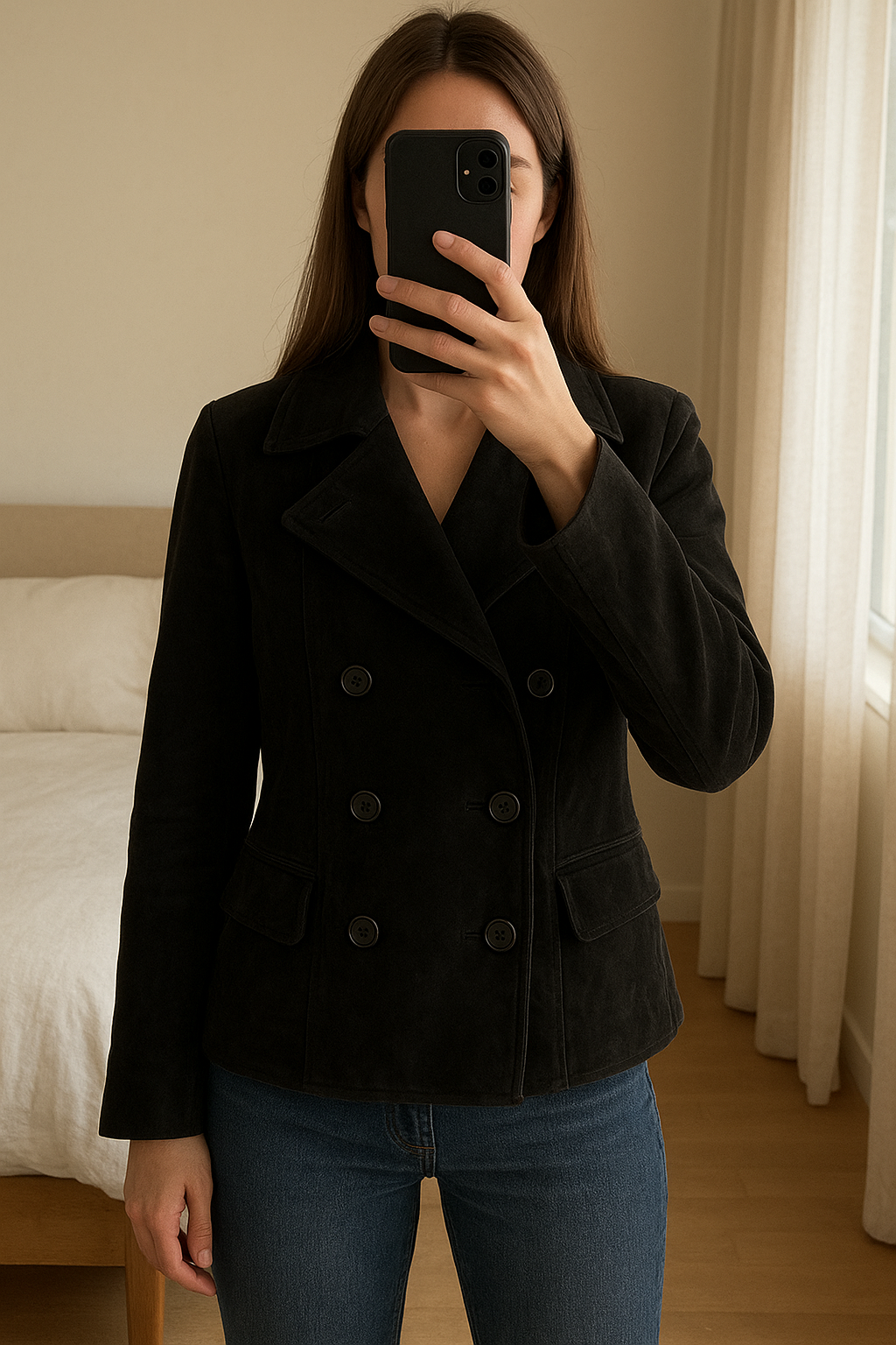 Magnifique blouson spencer cuir Agnès b debout, face à la caméra, dans une chambre à la lumière douce, avec une lumière naturelle filtrant par la fenêtre.