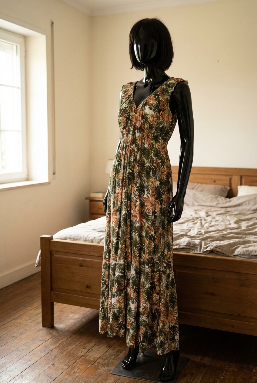 un maniquí negro brillante de plástico sin rasgos faciales con Robe taille S arqueando ligeramente la espalda para una pose dinámica, en un dormitorio con luz suave y natural filtrándose por la ventana.