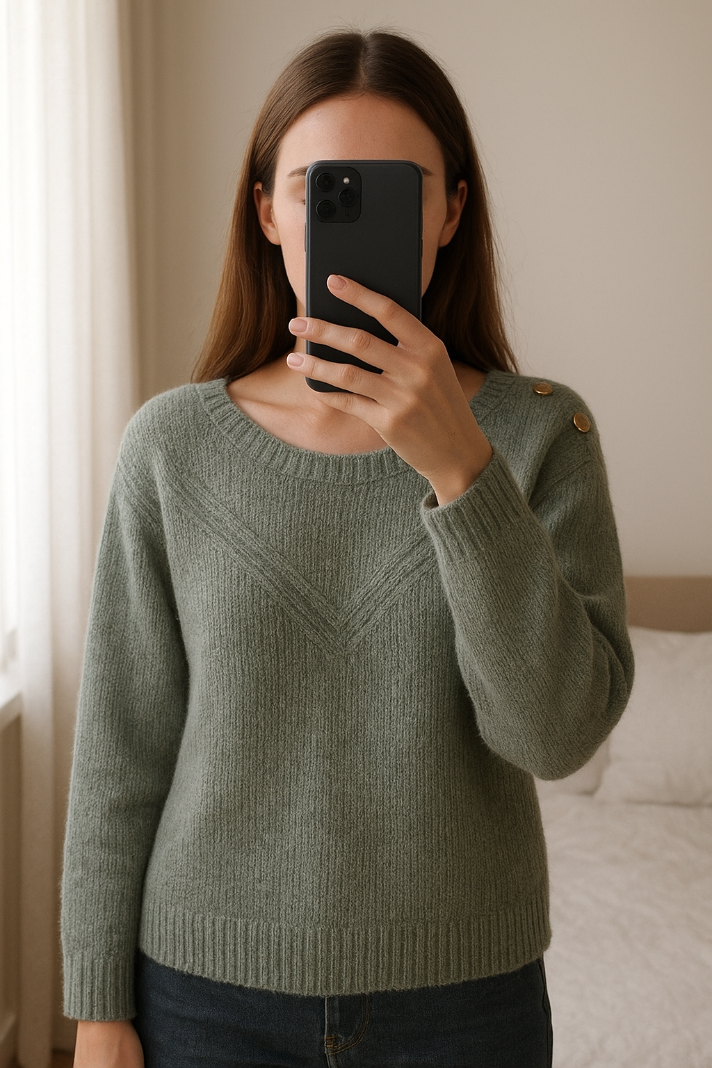 Pull Promod debout, face à la caméra, dans une chambre à la lumière douce, avec une lumière naturelle filtrant par la fenêtre.