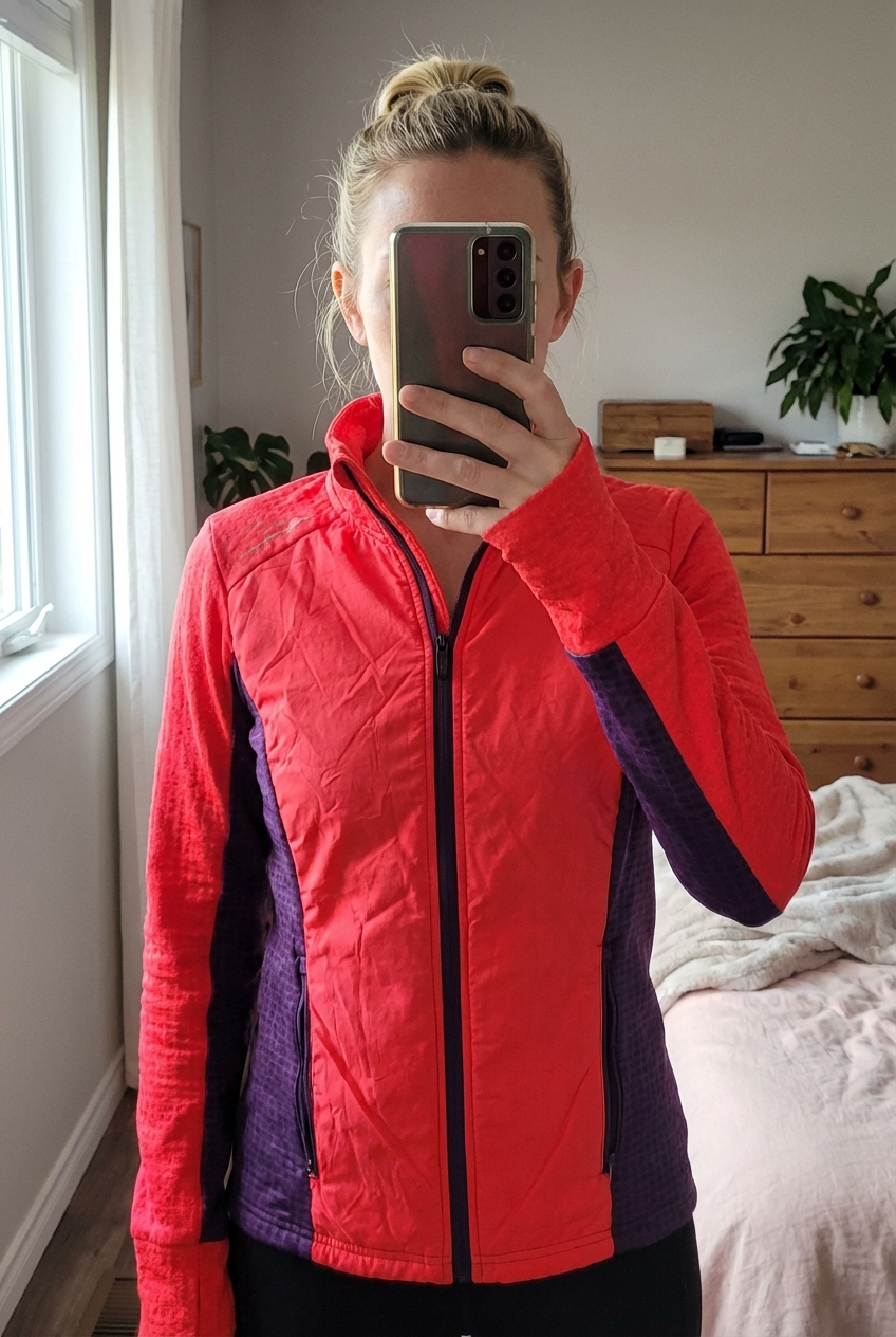 Veste running debout, face à la caméra, dans une chambre à la lumière douce, avec une lumière naturelle filtrant par la fenêtre.