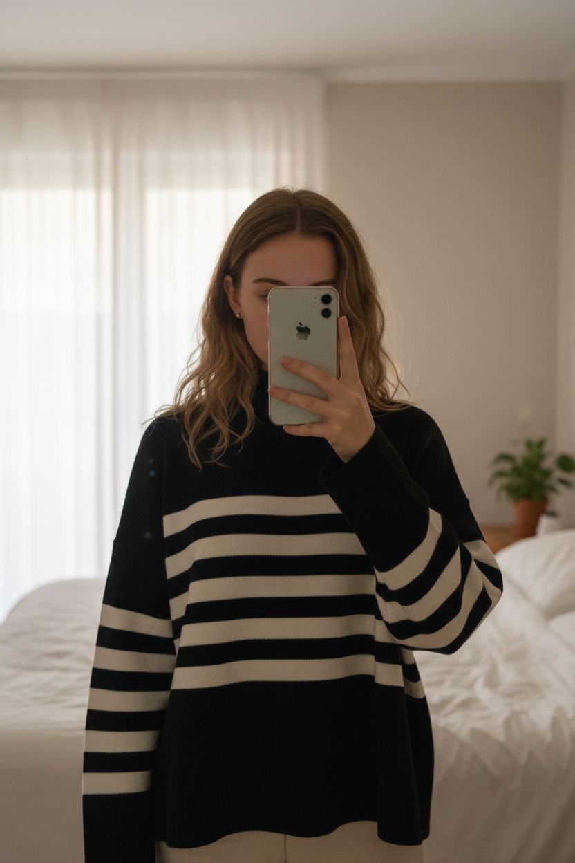 Pull à rayures debout, face à la caméra, dans une chambre à la lumière douce, avec une lumière naturelle filtrant par la fenêtre.