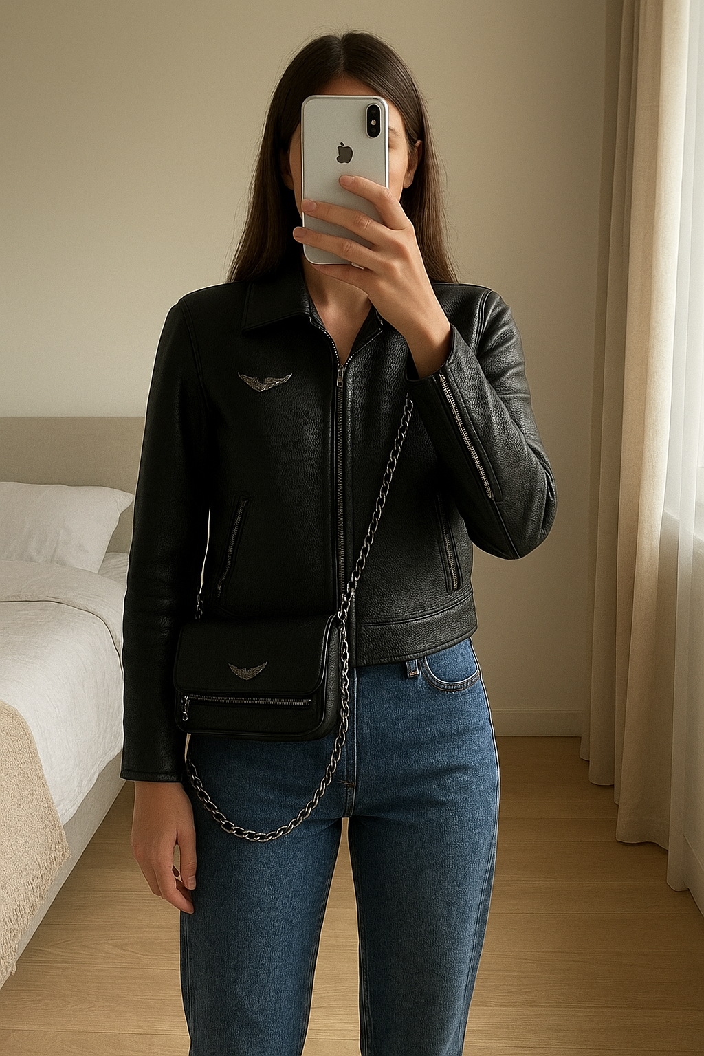 Pochette Rock Zadig & Voltaire debout, face à la caméra, dans une chambre à la lumière douce, avec une lumière naturelle filtrant par la fenêtre.