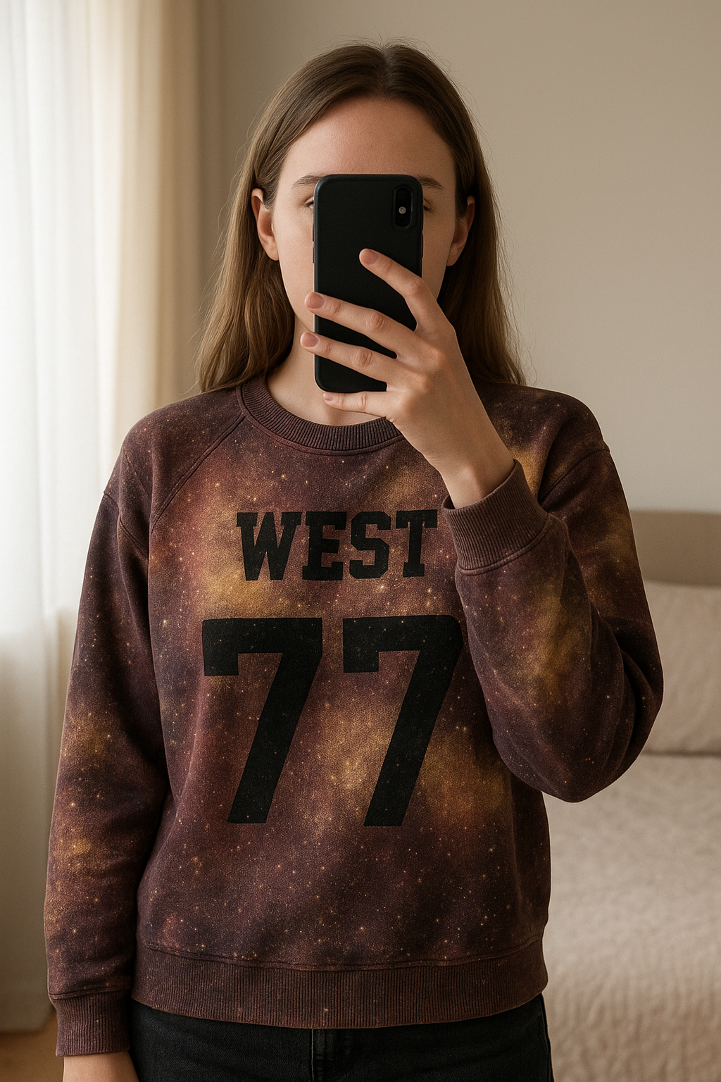 Pull galaxie debout, face à la caméra, dans une chambre à la lumière douce, avec une lumière naturelle filtrant par la fenêtre.