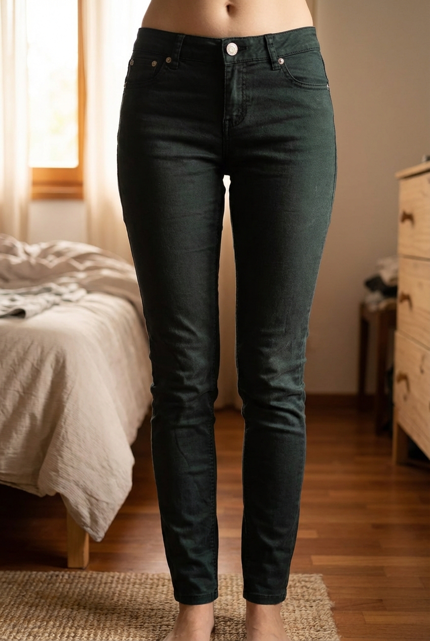 Jeans noir femme S jeans Donna It40 in piedi, rivolto verso la fotocamera, in una camera da letto con luce soffusa e luce naturale che filtra dalla finestra.