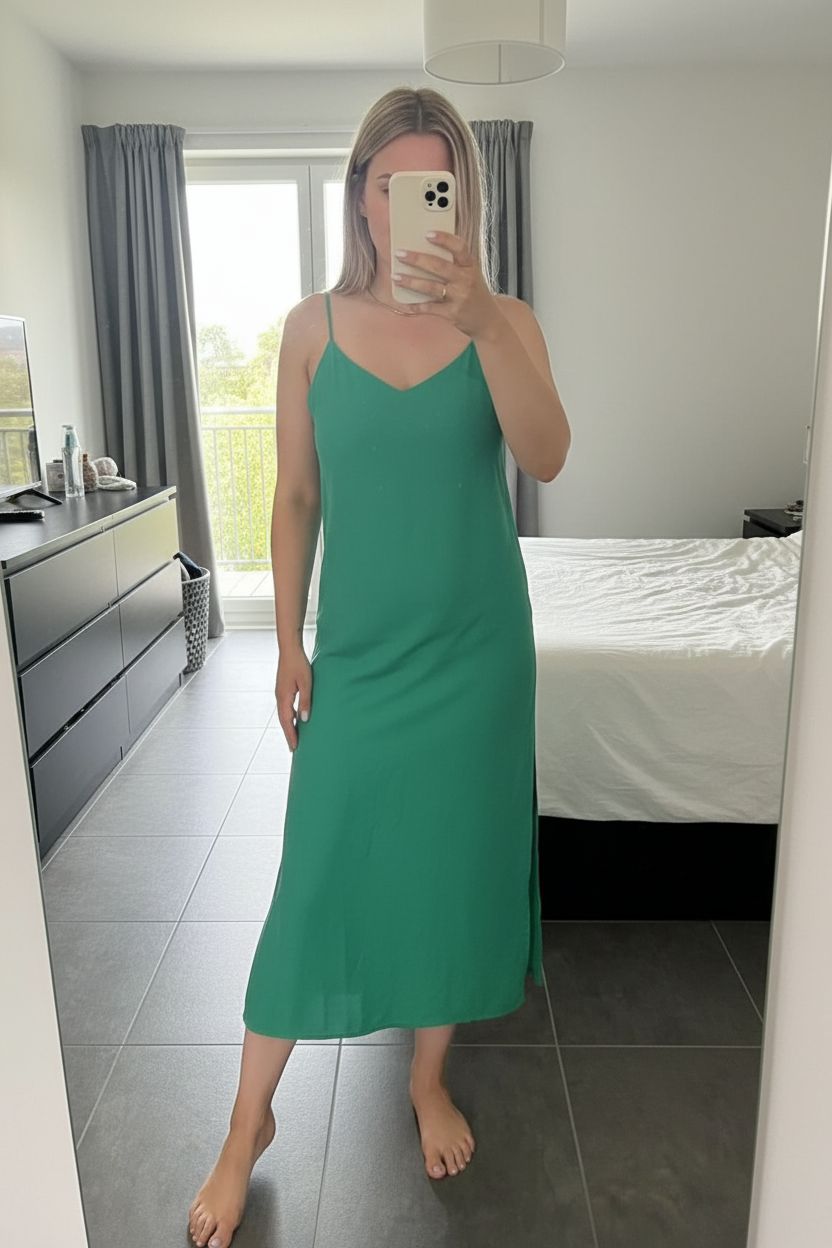 Robe Grâce & Mila debout, face à la caméra, dans une chambre à la lumière douce, avec une lumière naturelle filtrant par la fenêtre.