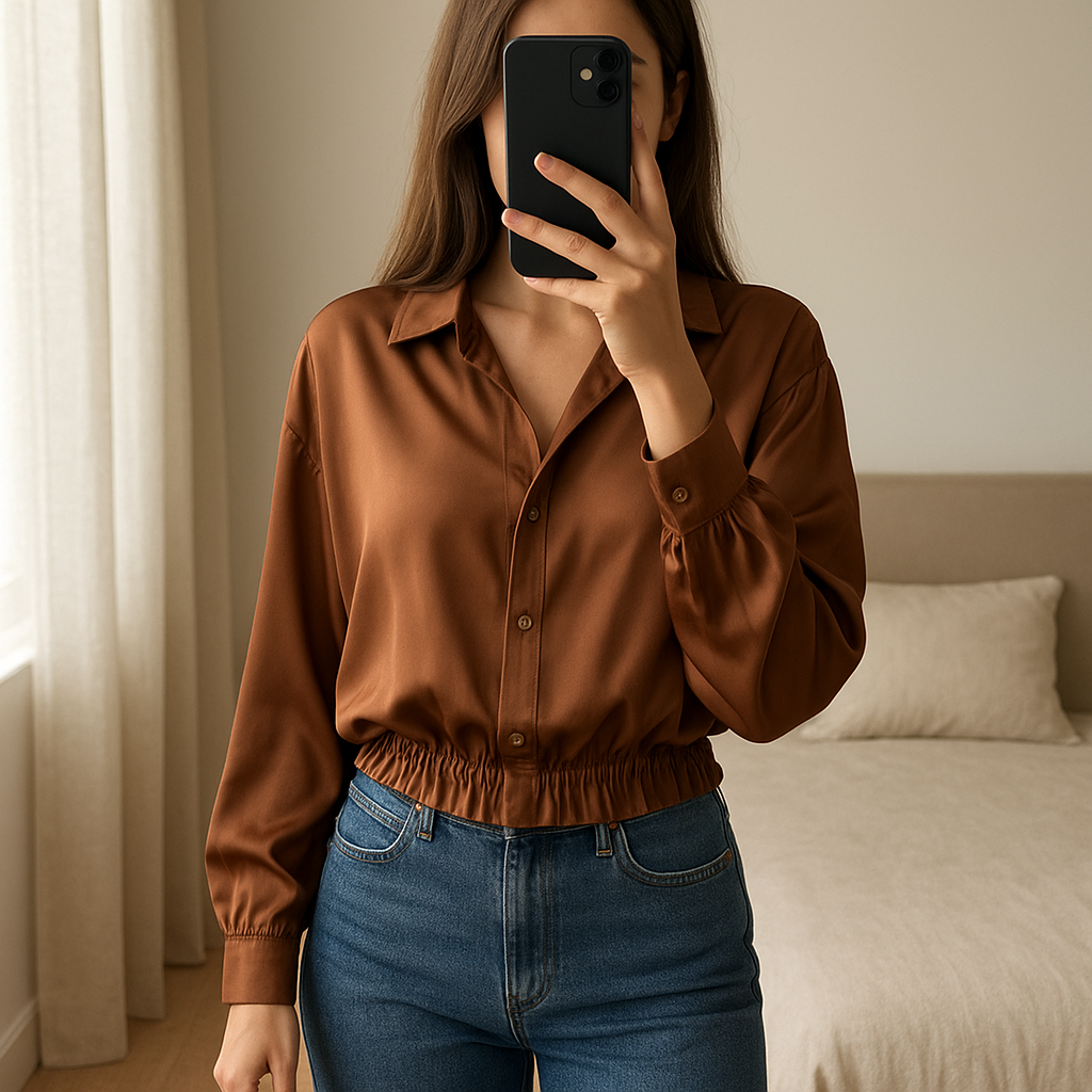 Camicia satinata in piedi, rivolto verso la fotocamera, in una camera da letto con luce soffusa e luce naturale che filtra dalla finestra.