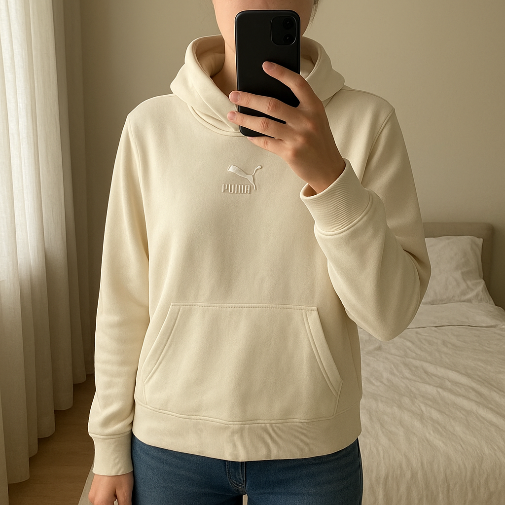 Sweat puma beige à col montant debout, face à la caméra, dans une chambre à la lumière douce, avec une lumière naturelle filtrant par la fenêtre.