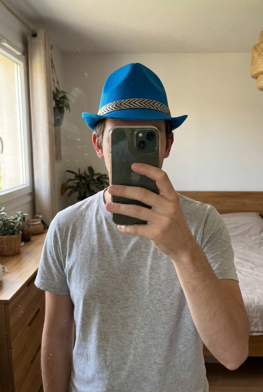 Chapeau d’été debout, face à la caméra, dans une chambre à la lumière douce, avec une lumière naturelle filtrant par la fenêtre.