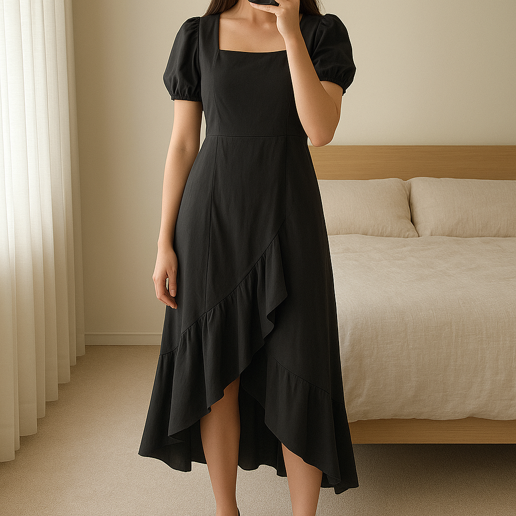 Robe longue noire NA-KD debout, face à la caméra, dans une chambre à la lumière douce, avec une lumière naturelle filtrant par la fenêtre.