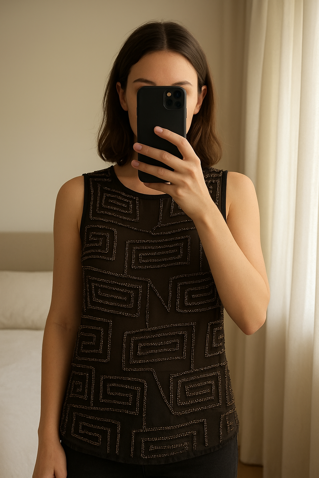 Hand beaded sheer vest blouse standing straight facing the camera, in a softly lit bedroom setting, with gentle natural light filtering through a window.