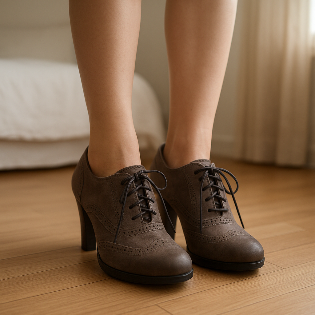 Derbies à talon en cuir - 38 debout, face à la caméra, dans une chambre à la lumière douce, avec une lumière naturelle filtrant par la fenêtre.