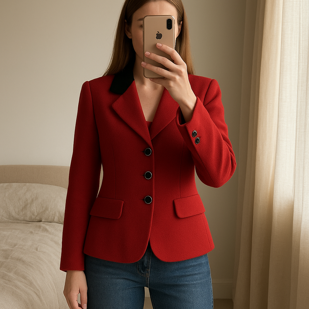 Une personne en Blazer Habitus rouge T.40 debout, face à la caméra, dans une chambre à la lumière douce, avec une lumière naturelle filtrant par la fenêtre.