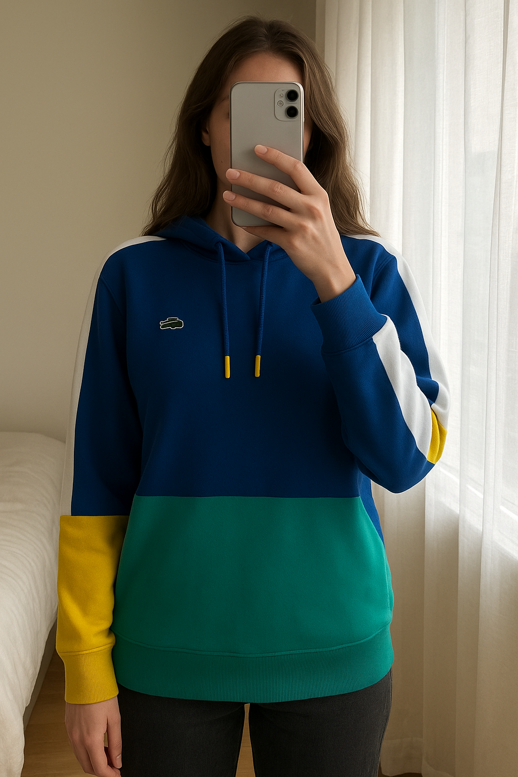 Lacoste Women's Colourblock Overhead Hoodie - Small ( 36 ) standing straight facing the camera, in a softly lit bedroom setting, with gentle natural light filtering through a window.
