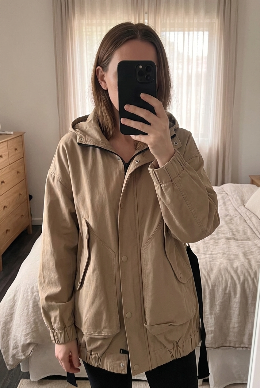 Veste beige à capuche ZARA debout, face à la caméra, dans une chambre à la lumière douce, avec une lumière naturelle filtrant par la fenêtre.