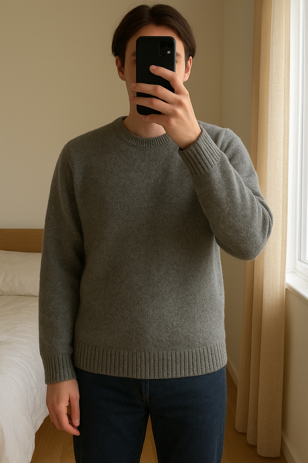 Grey Knit Sweater (XS) aufrecht stehend, der Kamera zugewandt, in einem sanft beleuchteten Schlafzimmer, mit natürlichem Licht, das durch ein Fenster fällt.