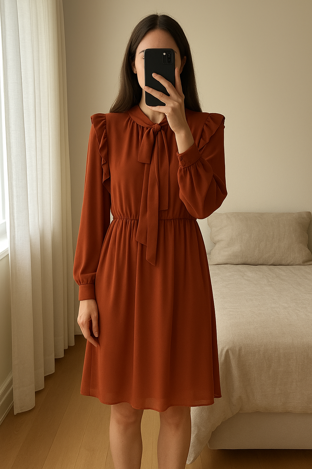 Robe mi-longue NAF NAF -taille 42 -chic debout, face à la caméra, dans une chambre à la lumière douce, avec une lumière naturelle filtrant par la fenêtre.
